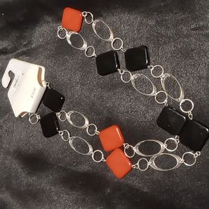 Kohls SO. long necklace with acrylic squares silver circle links. Red & black
